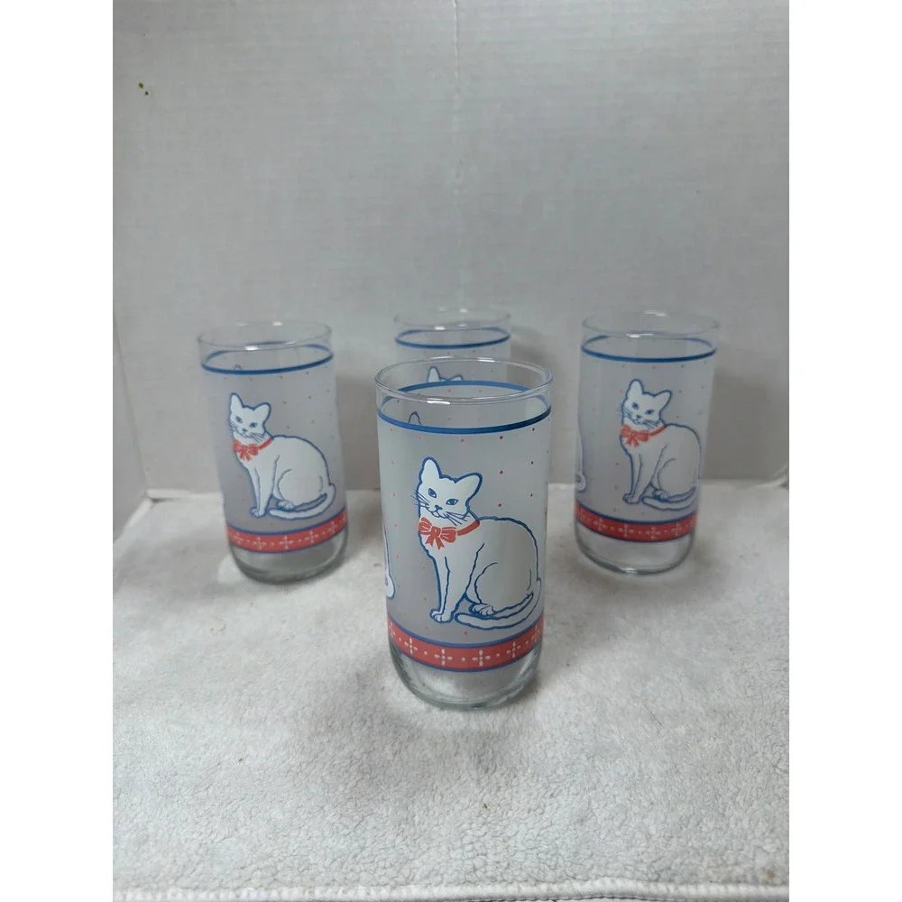 Vintage Libbey Set Of 4 Cat Drinking Glasses 13oz White Frosted W/Dots Blue Pink